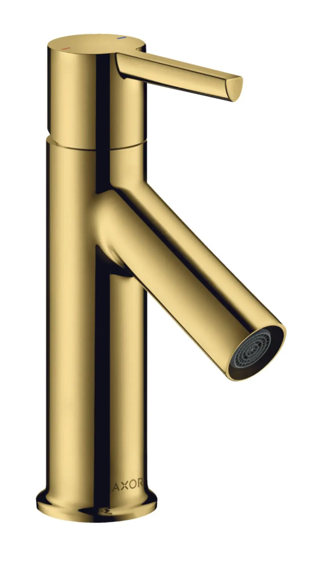 Ein goldfarbener Einhebel-Waschtischmischer von AXOR mit einem Hebelgriff für Handwaschbecken. Der Wasserstrahl tritt seitlich aus der Düse aus.